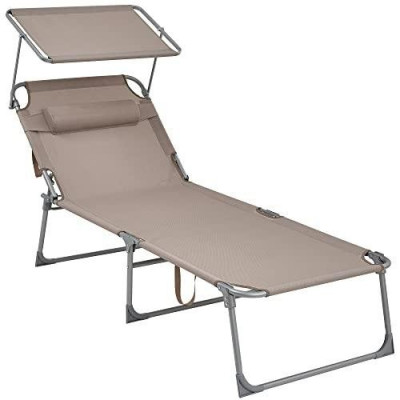 Chaise longue bain de soleil transat grand modèle 71 x 200 x 38 cm charge 150 kg appui-tête dossier et parasol inclinables pliable pour jardin taupe 12_0001709
