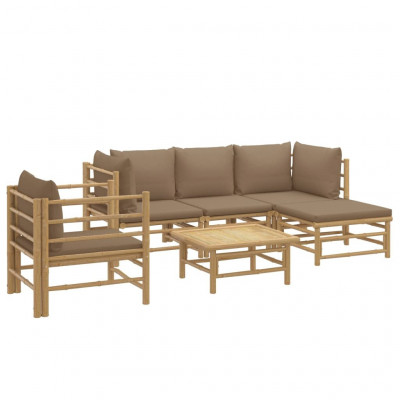 Salon de jardin meuble d'extérieur ensemble de mobilier 6 pièces avec coussins taupe bambou 02_0016946