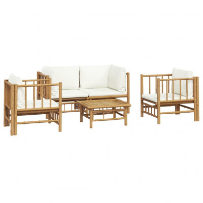 Salon de jardin meuble d'extérieur ensemble de mobilier 5 pièces avec coussins blanc crème bambou 02_0016308