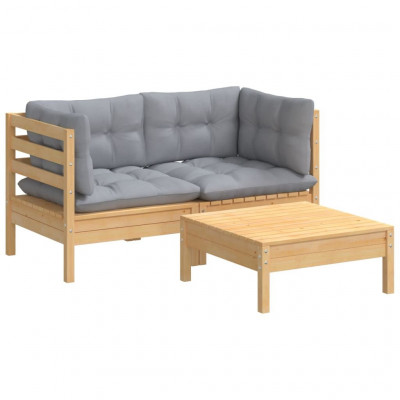 Salon de jardin meuble d'extérieur ensemble de mobilier 3 pièces avec coussins gris bois de pin 02_0015963