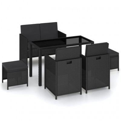 Mobilier à dîner de jardin 6 pièces et coussins résine tressée noir 02_0014802