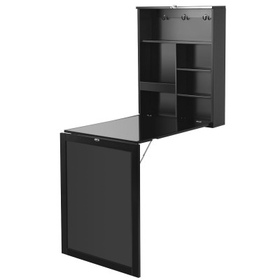 Table murale rabattable bureau avec tableau noir etagère intégrée en mdf couleur noire 20_0004243