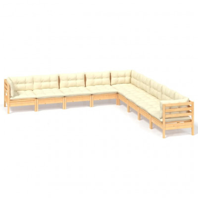 Salon de jardin meuble d'extérieur ensemble de mobilier 9 pièces avec coussins crème bois de pin solide 02_0017975