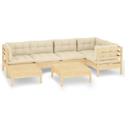 Salon de jardin meuble d'extérieur ensemble de mobilier 7 pièces avec coussins crème bois de pin massif 02_0017172