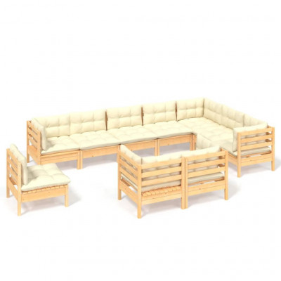 Salon de jardin meuble d'extérieur ensemble de mobilier 10 pièces avec coussins crème bois de pin solide 02_0015020