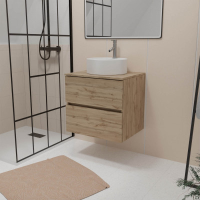 Meuble Salle de Bains 60cm 2 Tiroirs Chêne Naturel + Vasque Ronde Diamètre 41cm en Céramique Blanche