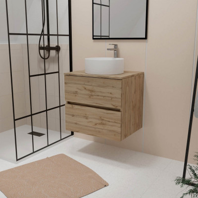 Meuble Salle de Bains 60cm 2 Tiroirs Chêne Naturel + Vasque Ronde Diamètre 36.5cm en Céramique Blanche