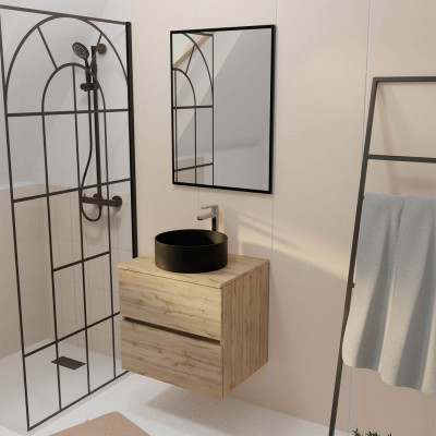 Meuble Salle de Bains 60cm 2 Tiroirs Chêne Naturel + Vasque Ronde Noire 36cm et Miroir 60x80cm