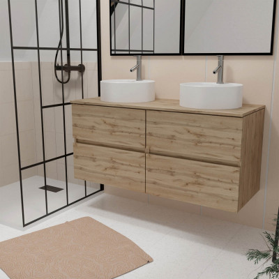 Meuble Salle de Bains 120cm 4 Tiroirs Chêne Naturel - 2 Vasques Rondes 41cm en Céramique Blanche