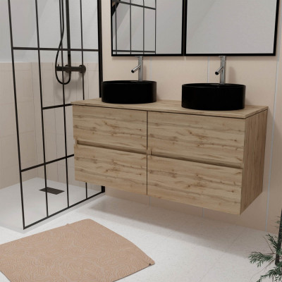 Meuble Salle de Bains 120cm 4 Tiroirs Chêne Naturel - 2 Vasques Rondes 41cm en Céramique Noire