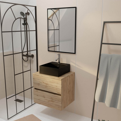 Meuble Salle de Bains 60cm 2 Tiroirs Chêne Naturel + Vasque Carrée Noire 41x41cm et Miroir 60x80cm