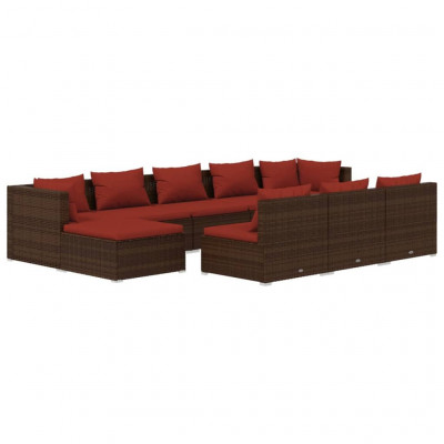 Salon de jardin meuble d'extérieur ensemble de mobilier 10 pièces avec coussins marron résine tressée 02_0015090