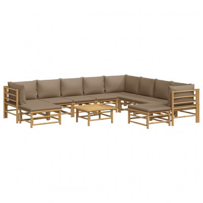 Salon de jardin meuble d'extérieur ensemble de mobilier 11 pièces avec coussins taupe bambou 02_0015458