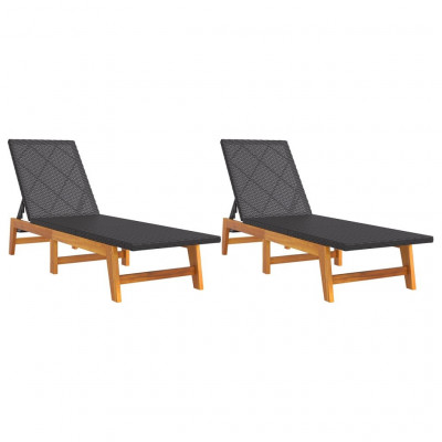 Lot de 2 transats chaise longue bain de soleil lit de jardin terrasse meuble d'extérieur noir/marron résine tressée/bois d'acacia 02_0012147