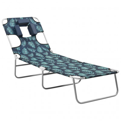 Transat chaise longue bain de soleil lit de jardin terrasse meuble d'extérieur avec coussin de tête acier motif de feuilles 02_0012444