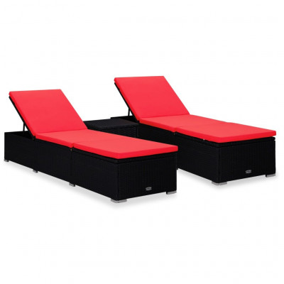 Chaises longues de jardin table à thé 3 pièces résine tressée noir 02_0011923