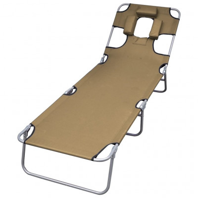 Transat chaise longue bain de soleil lit de jardin terrasse meuble d'extérieur pliable et coussin de tête dossier réglable taupe 02_0012871