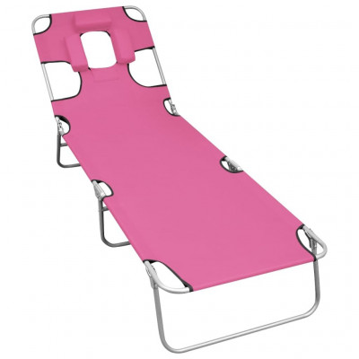 Transat chaise longue bain de soleil lit de jardin terrasse meuble d'extérieur pliable avec coussin de tête acier rose magento 02_0012852