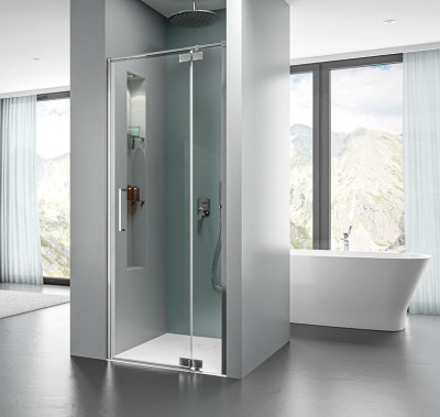 Paroi de douche Altus pivotante gauche + fixe en ligne 120 verre transparent profile argent brillant LEDA