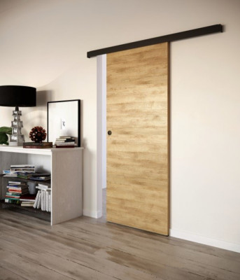 Porte mélaminé Bering pour châssis galandage Sogal avec Kit d'habillage bois + Kit poigné ronde encastré noir + Tiré doigt noir M25 chêne naturel 2040 x 830 x 40 mm
