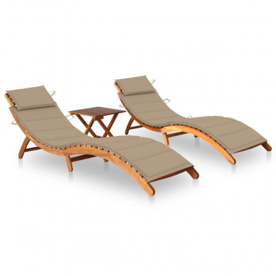 Lot de 2 transats chaise longue bain de soleil lit de jardin terrasse meuble d'extérieur avec table et coussins acacia solide 02_0012122