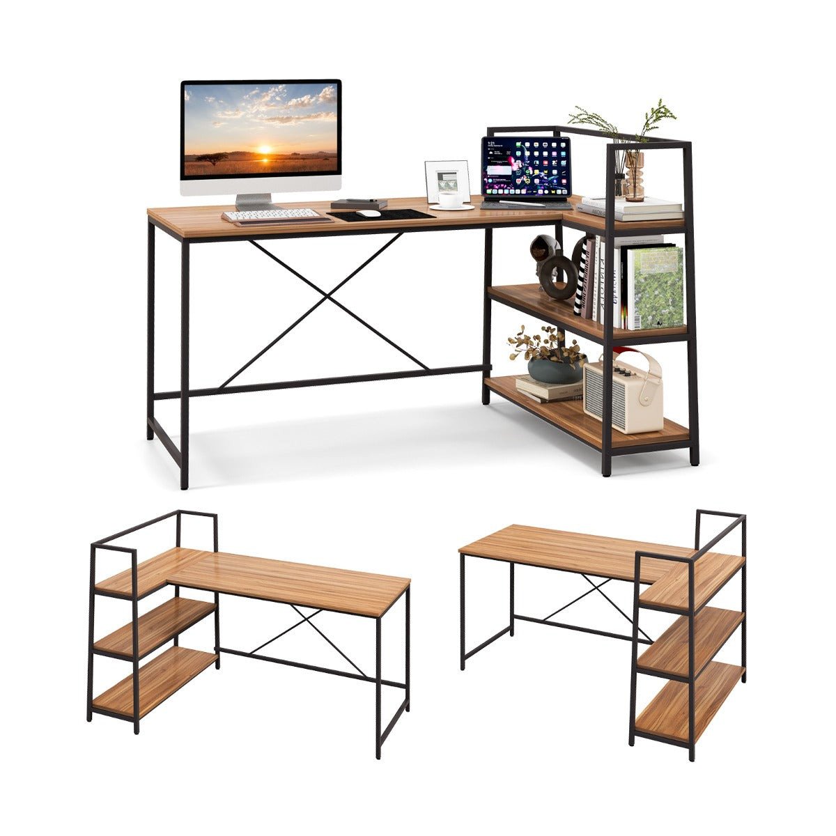 DUMOS Bureau D'angle En L Avec Rangement Latéral - Plan De Travail Spacieux, Structure Métal, Charge 90kg - Idéal Pour Petits Espaces, Home Office