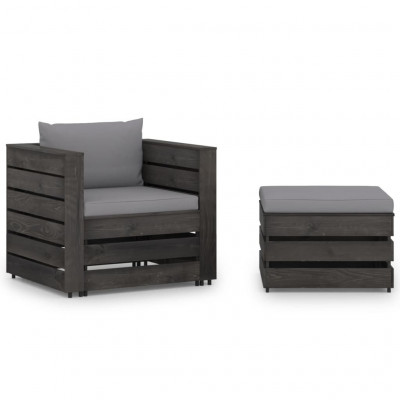 Salon de jardin meuble d'extérieur ensemble de mobilier 2 pièces avec coussins bois imprégné de gris 02_0015886