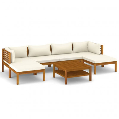 Salon de jardin meuble d'extérieur ensemble de mobilier 7 pièces avec coussin crème bois d'acacia solide 02_0017059