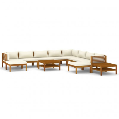 Salon de jardin meuble d'extérieur ensemble de mobilier 12 pièces avec coussin crème bois d'acacia solide 02_0015532