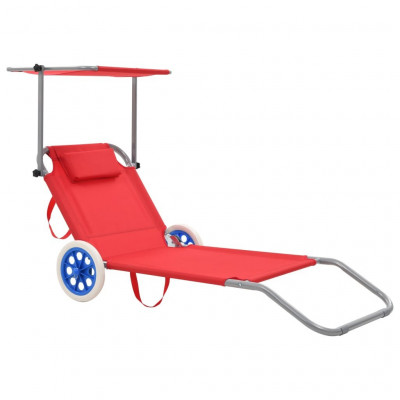 Transat chaise longue bain de soleil lit de jardin terrasse meuble d'extérieur pliable avec auvent et roues acier rouge 02_0012826