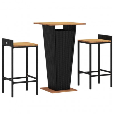 Ensemble de bar de jardin meuble extérieur terrasse 3 pièces noir poly rotin/bois massif acacia 02_0013477