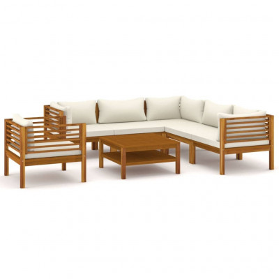 Salon de jardin meuble d'extérieur ensemble de mobilier 7 pièces avec coussin crème bois d'acacia solide 02_0017058