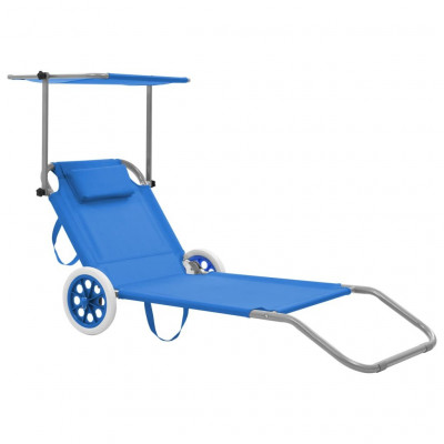 Transat chaise longue bain de soleil lit de jardin terrasse meuble d'extérieur pliable avec auvent et roues acier bleu 02_0012823