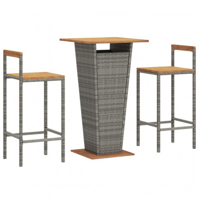 Ensemble de bar de jardin meuble extérieur terrasse 3 pièces gris poly rotin/bois massif acacia 02_0013475