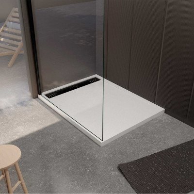 Receveur Blanc Effet Granite en Résine Epoxy 90x120x3 cm + Grille Linéaire Noire