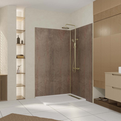 Pack 2 Panneaux Muraux Pierre Wood Stone 120+90x210 cm + Profilés Finition et Angle Or Brossé