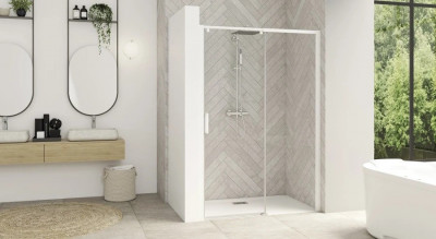 Paroi de douche SMART DESIGN C 137-150cm coulissant profilé blanc sans seuil verre transparent gauche largeur 150cm - KINEDO - PA9235BTNEG