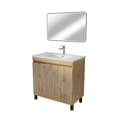 Meuble Salle de Bains 70 cm Décor Chêne Naturel à Portes - Vasque céramique blanche et miroir 70x50
