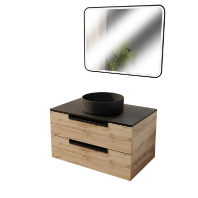 Meuble salle de bains 80cm Décor Bois et Noir, 2 Tiroirs, Vasque Noire Ø36cm et Miroir Led 80x60cm