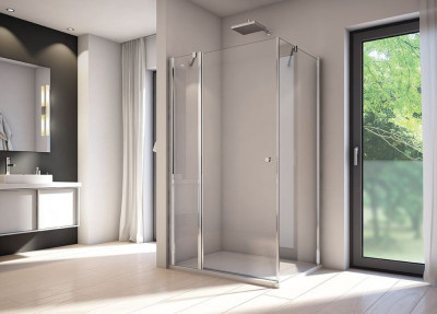 Paroi de douche porte pivotante + fixe en ligne côté d'accès d'angle pivotant 2 éléments dont 1 fixe avec renfort d'angle ouverture extérieure Solino 1200 x 2000 profilé RONAL