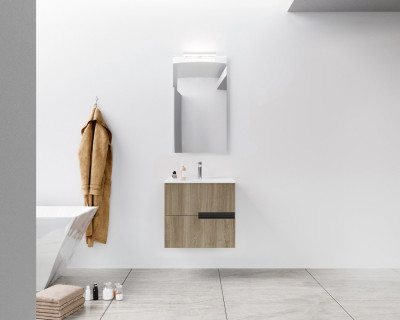 Meuble de salle de bains 60cm Chêne Foncé 2 tiroirs avec Vasque céramique blanche - ONE