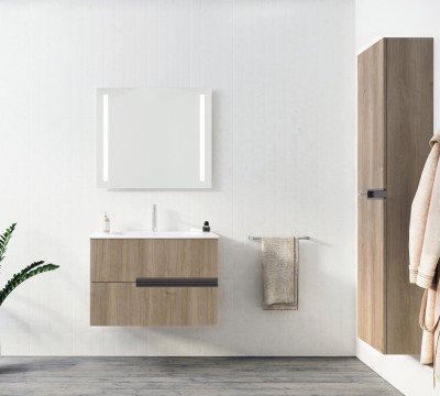 Meuble de salle de bains 80cm Chêne Foncé 2 tiroirs avec Vasque céramique blanche - ONE