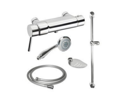 Kit de douche comprenant un mitigeur thermostatique de douche Mastermix une douchette 2 jets un flexible lisse gris Lg 1500 mm une barre de douche chromée Lg 600 mm et porte-savon SANIFIRST