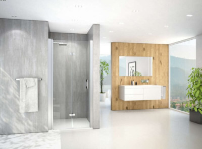 Paroi de douche porte pivotante repliable articulation à droite Mélina MIPIR100200VPE profilé argent poli verre clair traité anticalcaire 200 x 100 cm ROTH 