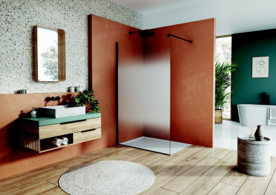 Paroi de douche fixe montée seule contre 1 mur avec profilé de compensation mural et barre de stabilisation EASY WALK-IN 800 x 2000 profilé poli brillant vitrage Sérigraphie Shade (68) 8 mm RONAL