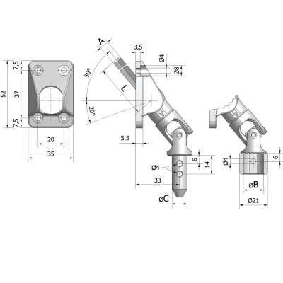 Sortie 50° tringle en acier carrée 8 x 400 mm + platine nylon 35 x 52 mm CHERUBINI 77438040V1316