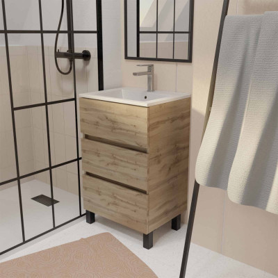 Meuble de Salle de Bains 50cm TIMBER - 3 Tiroirs Décor Chêne - Vasque Blanche et Miroir Cadre Noir