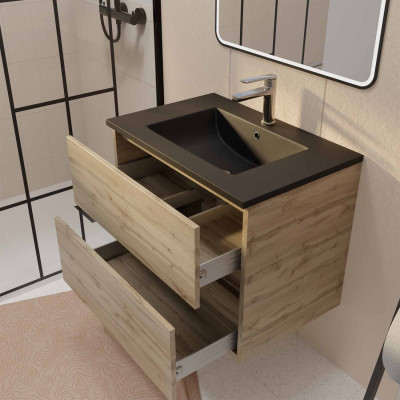 Meuble de salle de bains suspendu 70 TIMBER Décor Chêne 2 tiroirs Vasque noire et miroir LED 70x50