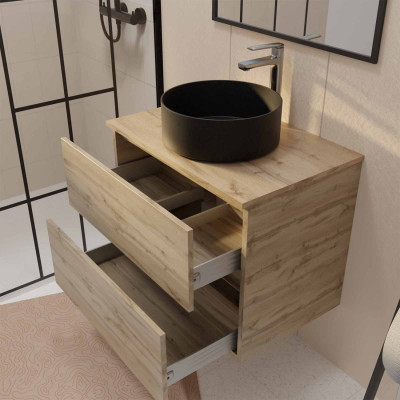 Meuble de salle de bains suspendu 70cm TIMBER Décor Chêne 2 tiroirs Vasque noire à poser