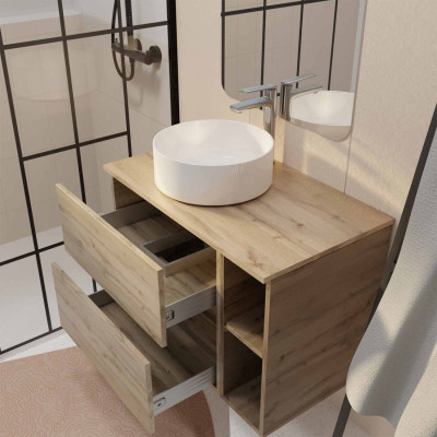 Meuble de salle de bains 80cm TIMBER Décor Chêne 2 Tiroirs et 2 Niches - Plan et Vasque Blanche
